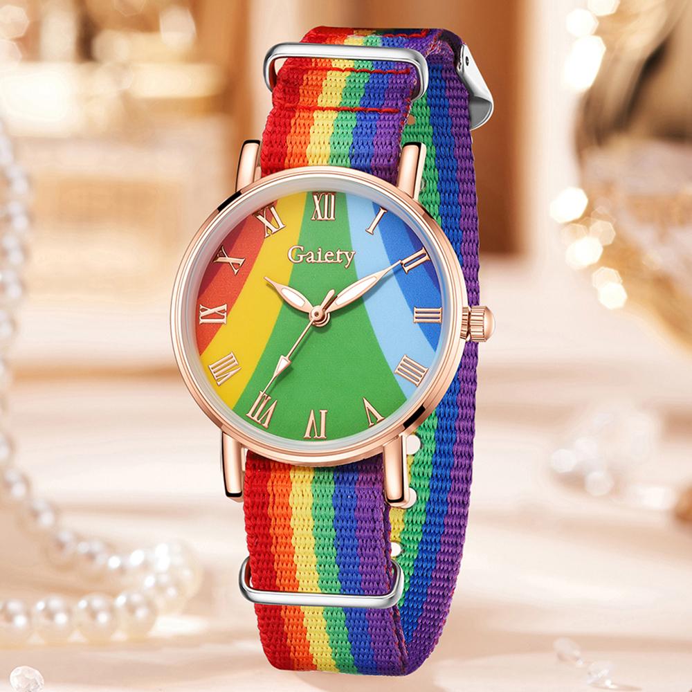 1/4PCS Women s Watch Set Trendy and Fashionable Rainbow Elements Roman Digital Scale Dial Quartz Watch Bracelet Set Perfect Gift