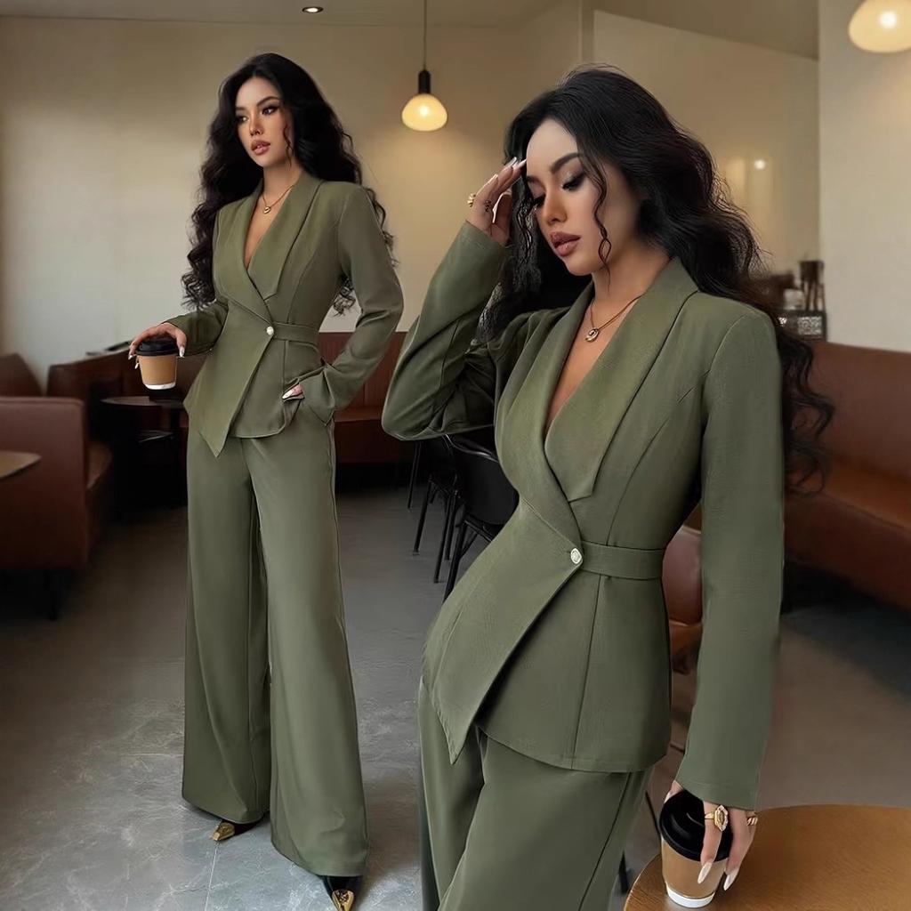 Spring and Autumn Fashion Temperament Casual Suit Women's Solid Color V-Neck Suit Wide Leg Pants Two-piece Set