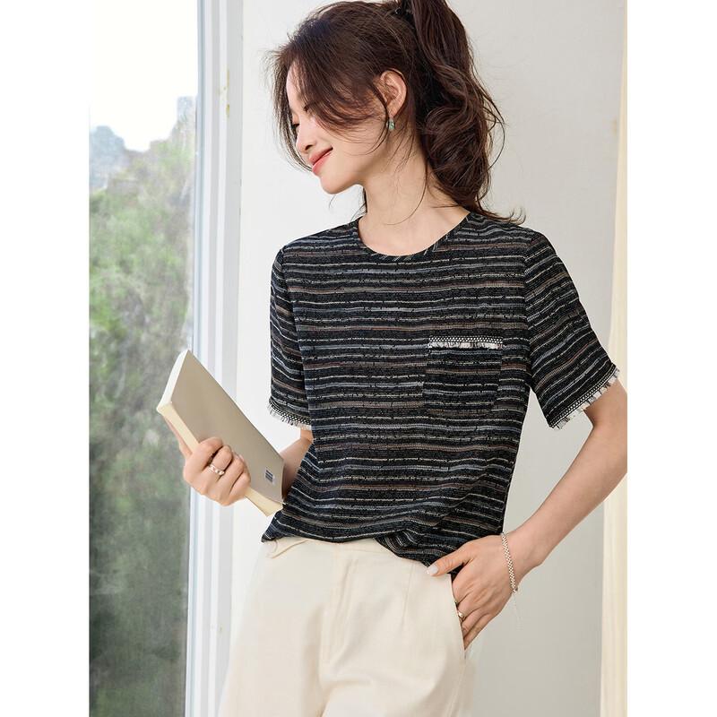 Srcr Women s 100% Mulberry Silk Striped Short-Sleeve T-Shirt M
