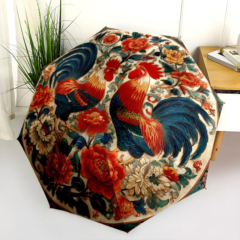0106 Floral Chicken & Dinosaur  pattern, automatic folding umbrella, portable and foldable design, 8 ribs, a Christmas or birthday gift.