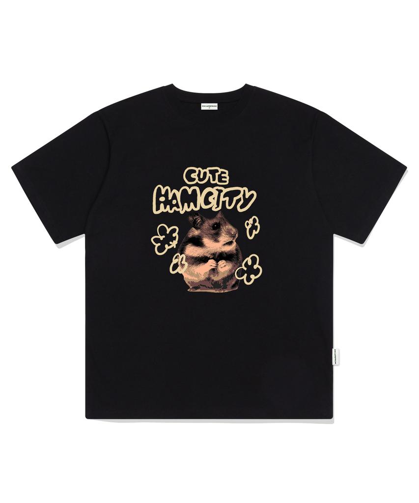 ESCAPEFROM Cute Ham City Print Oversized Short Sleeve T-Shirt Black