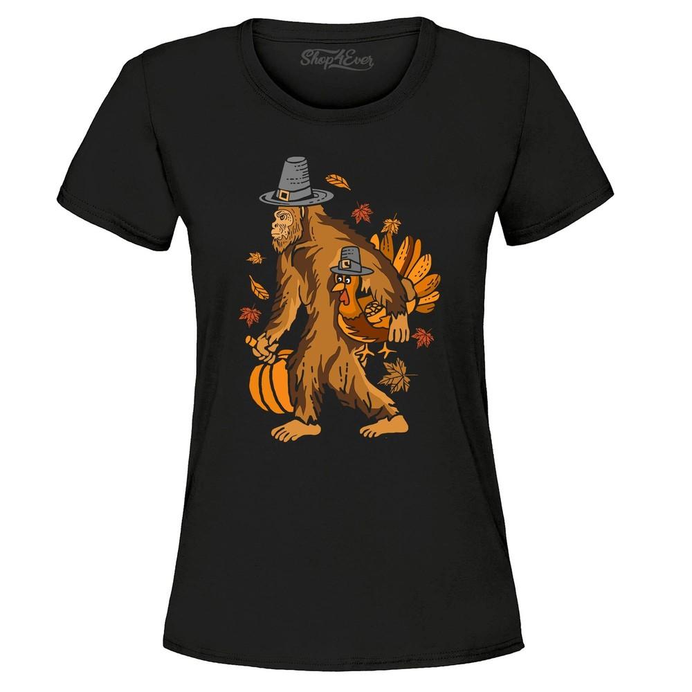 Bigfoot Pilgrim Turkey Pumpkin Women's T-Shirt Thanksgiving Shirts