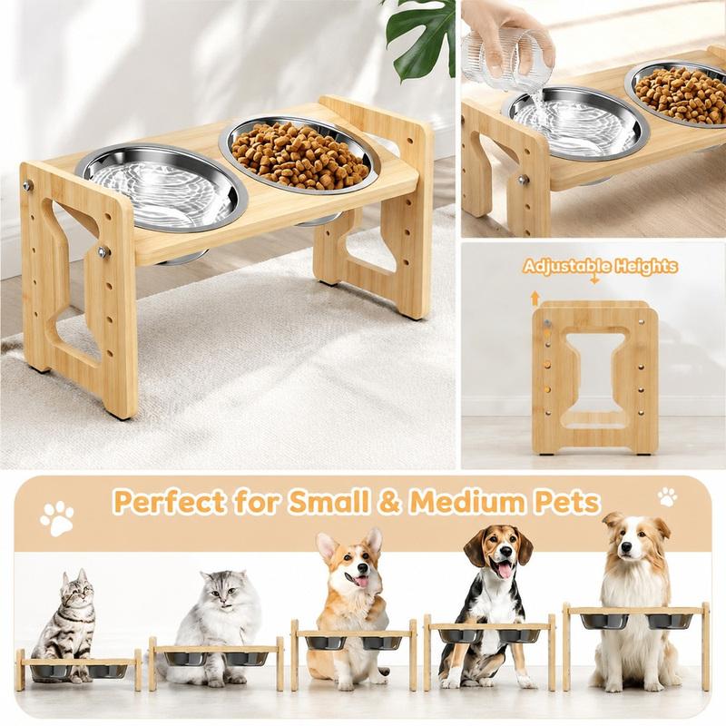 Double Elevated Pet Feeding Bowl Wooden Stand with Removable Stainless Steel Bowls for Dog and Cat Food Water Pet Accessories