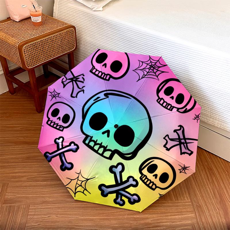 1 PC Automatic Folding Umbrella - Colorful Skulls Pattern, Portable & Foldable Design with 8 Ribs, Christmas Birthday Gifts