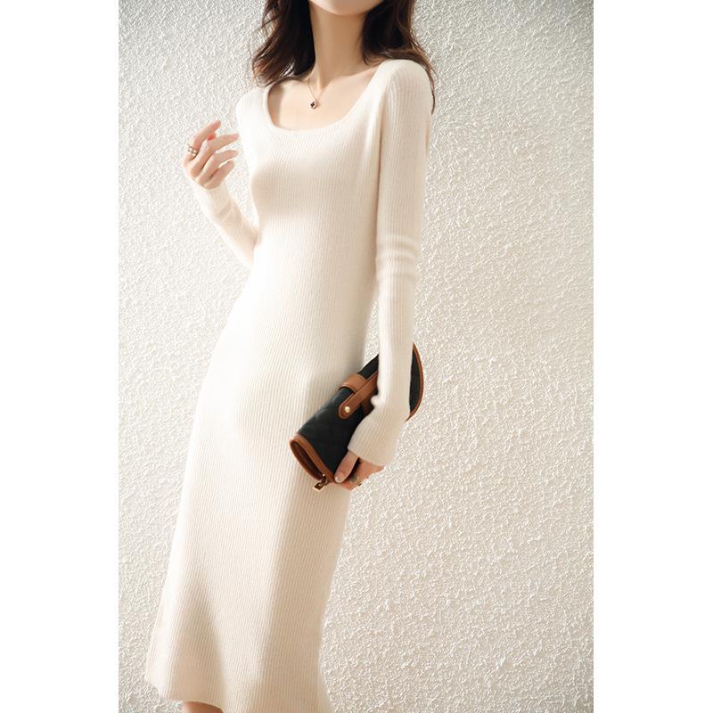 Autumn/Winter 2021 Long-Sleeve Square Collar Knit Wool Dress for Women - Knee-Length