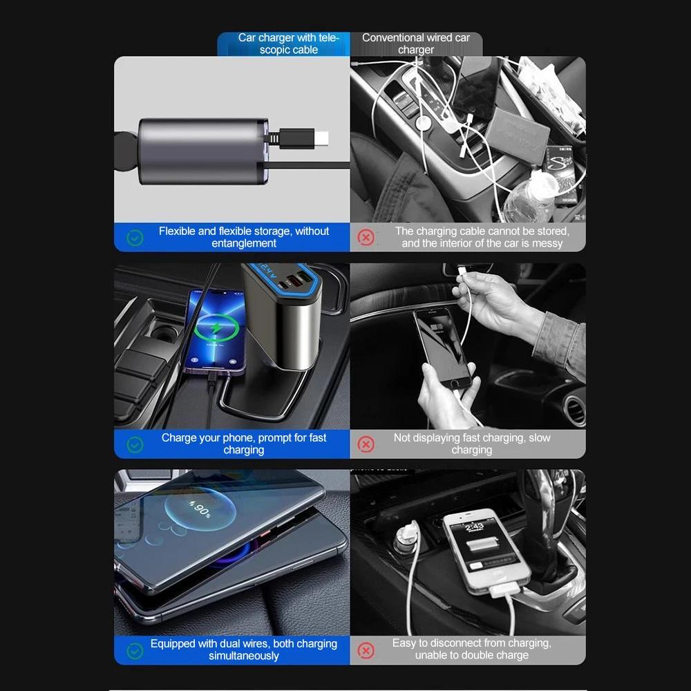 120W 5 In 1 Retractable Car Charger USB C Cable 3 Ports with Retractable Cords with Volt Display For IPhone Huawei Samsung
