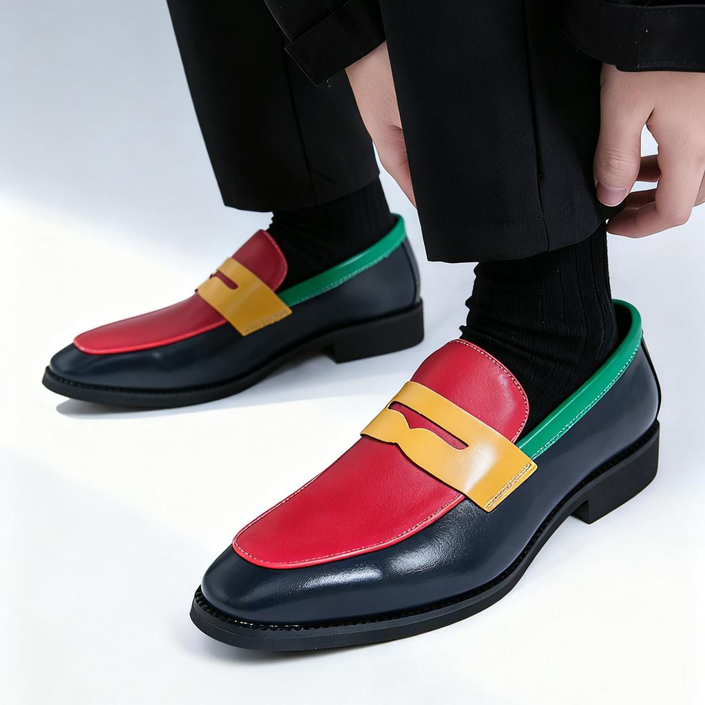 Fashion Colorful Penny Loafers Slip On Leather Men Shoes  Simple Pointed Toe Dress Business Casual Party Wedding Shoes For Man