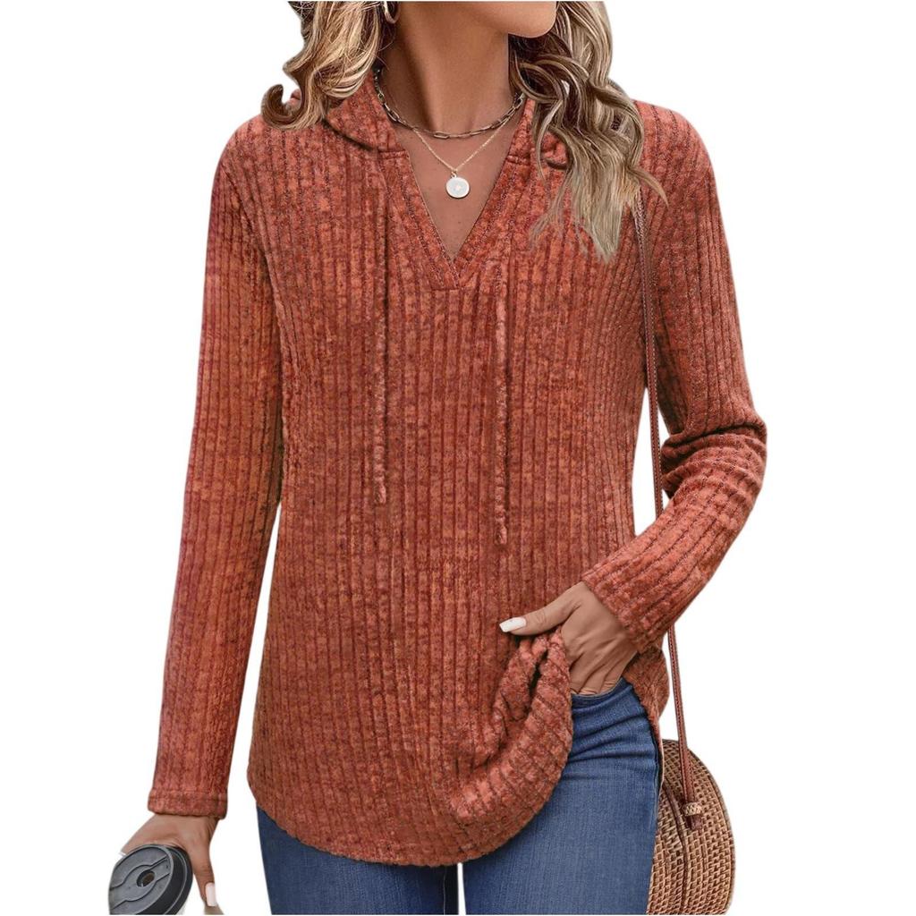 2025 Autumn/Winter Women's Plus Size V-Neck Hooded Ribbed Long Sleeve Loose T-Shirt