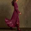 Damen Plissiertes V-Ausschnitt Fließendes Langarm A-Linien Samtkleid mit Gürtel, Französisches Retro Rüschen Swingkleid