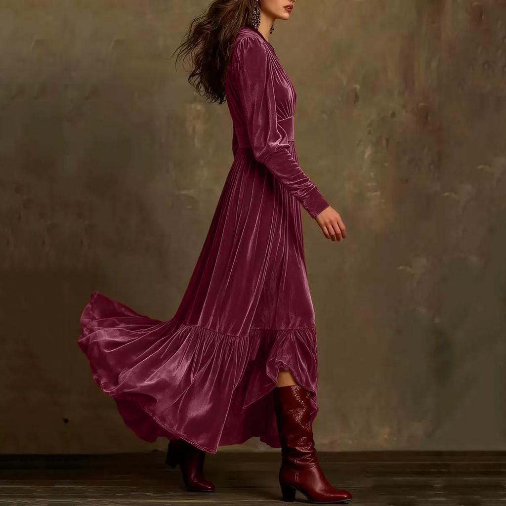 Damen Plissiertes V-Ausschnitt Fließendes Langarm A-Linien Samtkleid mit Gürtel, Französisches Retro Rüschen Swingkleid