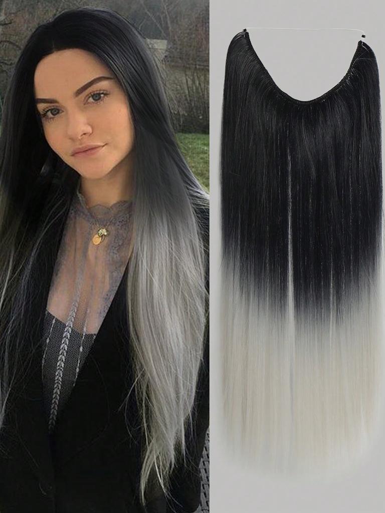 Synthetic Natural No Clip Fish Line Invisible Hair Extensions Silver Gray False Hair Piece For Women