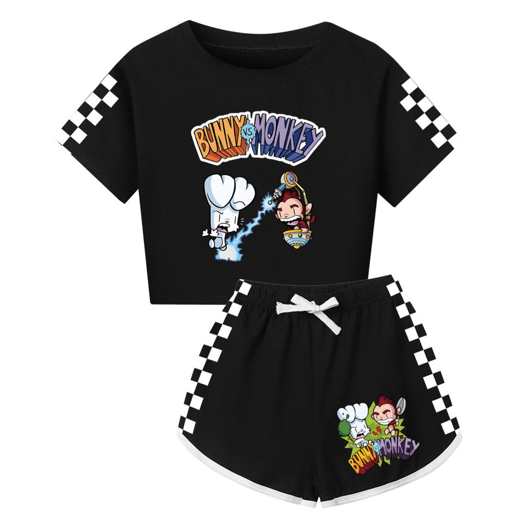 4187 Children Girls Bunny Monkey Print Short Sleeves T-Shirt Shorts Pants Tracksuit Clothes Set