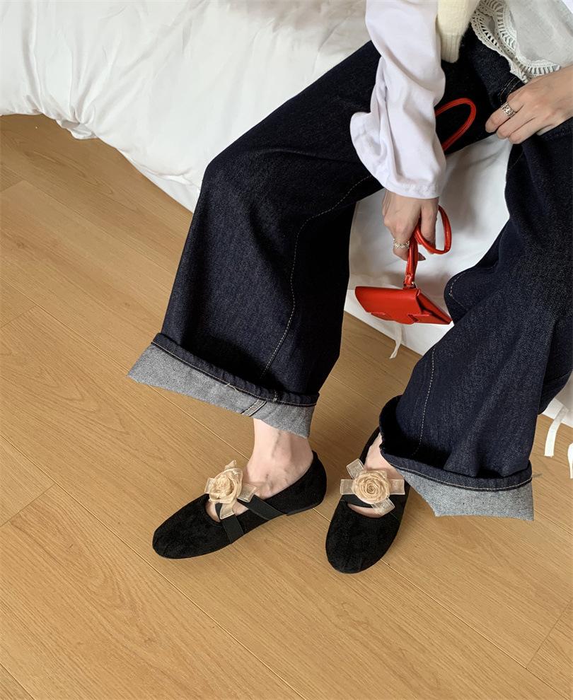 French Camellia Mary Jane Shoes Women's 2025 Spring and Autumn New Cross Flat Inner Height Increase Ballet Shallow Mouth Single Shoes