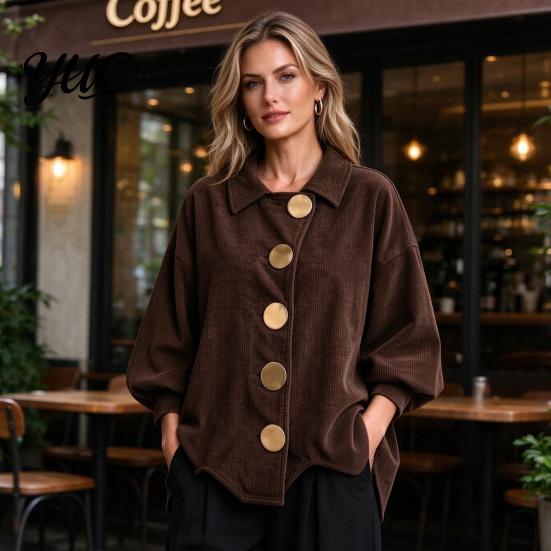 Lady Corduroy Jacket Women with Large Metal Buttons, Lantern Sleeve Casual Long Coat for Fall Winter, Loose Fit Oversized Collared Outerwear Warm