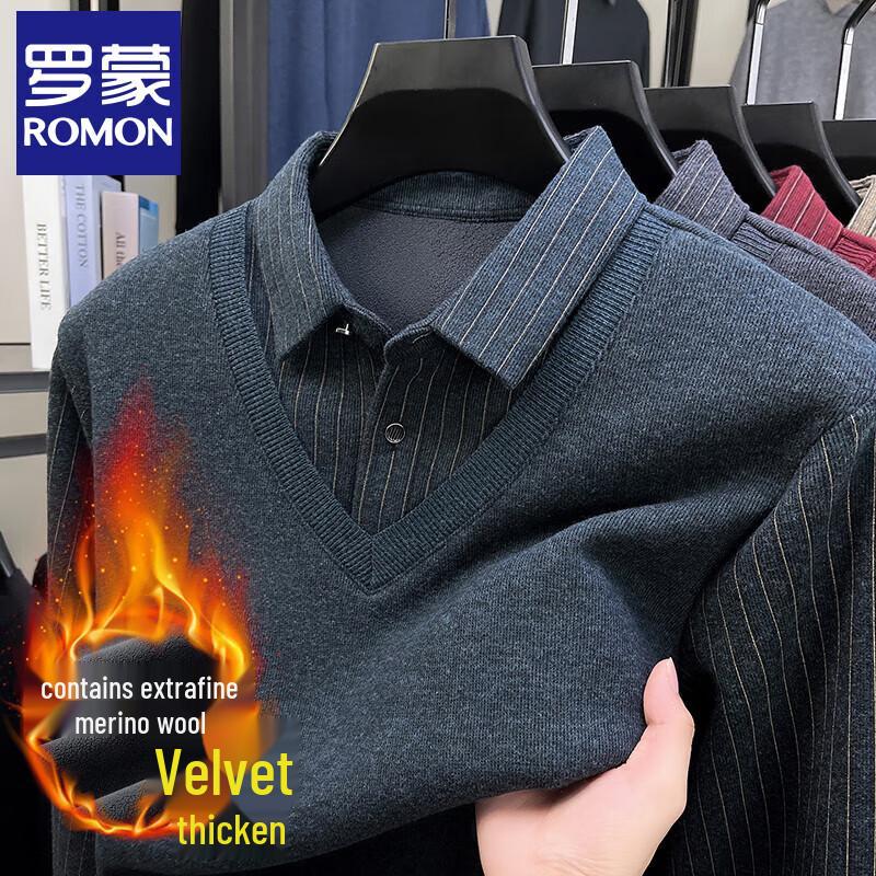 ROMON Men's Fleece-Lined Faux 2-Piece Shirt Collar Sweater