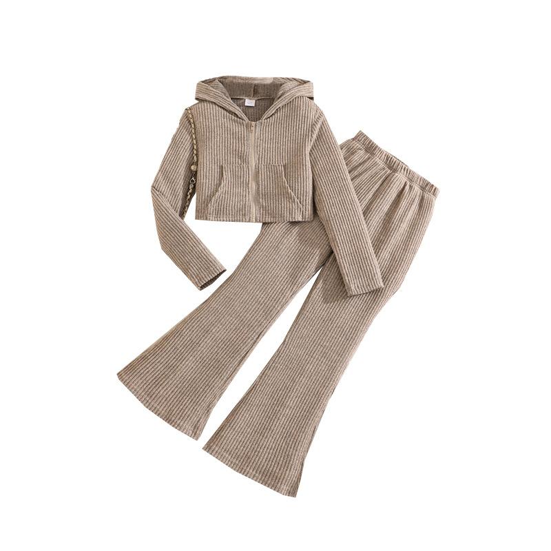 Mädchen Outfit Herbst Winter Neu Gestrickt Gerippt Langarm Kapuzen Reißverschluss Oberteil Mode Schlaghose