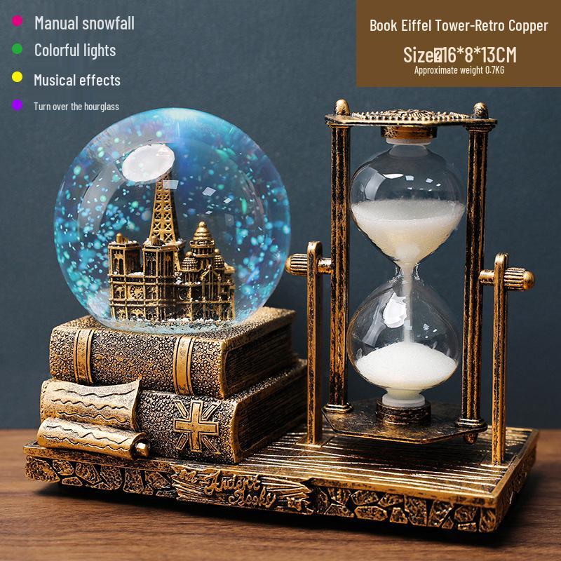 Creative Luminous Eiffel Tower Snow Globe Music Box - Retro Desktop Decoration