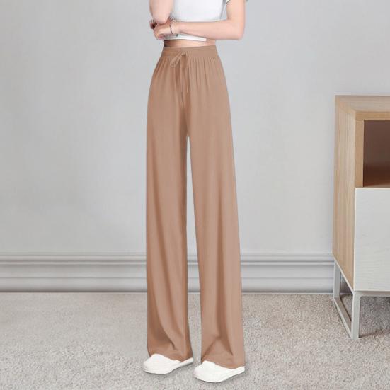 Women Pants Elastic High Waist Adjustable Drawstring Casual Trousers Solid Color Loose Fit Wide Leg Summer Thin Long Pants