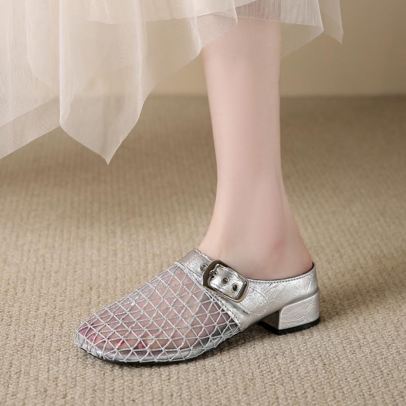 Fashion Fashion Baotou Slippers Summer New Round Head Mesh Cloth Metal Buckle Anti-slip Wear-resistant Heel Shoes