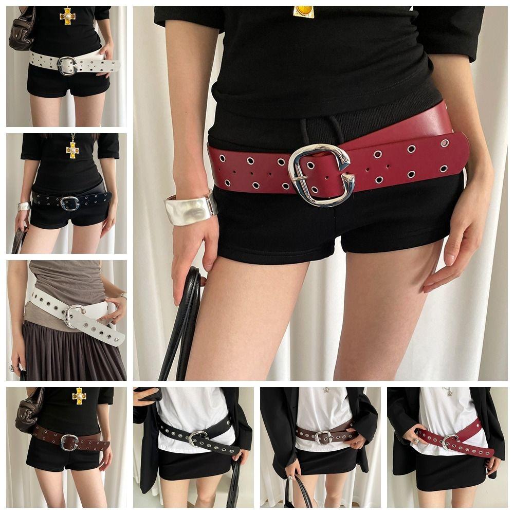 Vintage Women Wide Belt Metal Buckle Punk Style Belt Retro Leather Waistband  Girls
