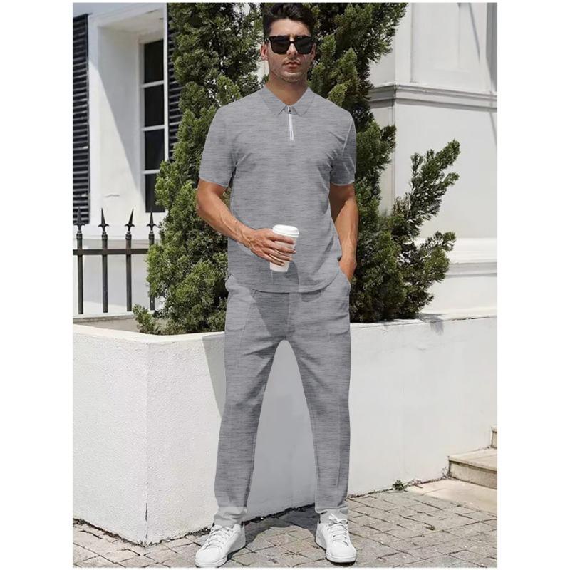 Herren Lässiges Zweiteiliges Outfit Reißverschluss Kurzarm Poloshirt und Lange Hosen Set