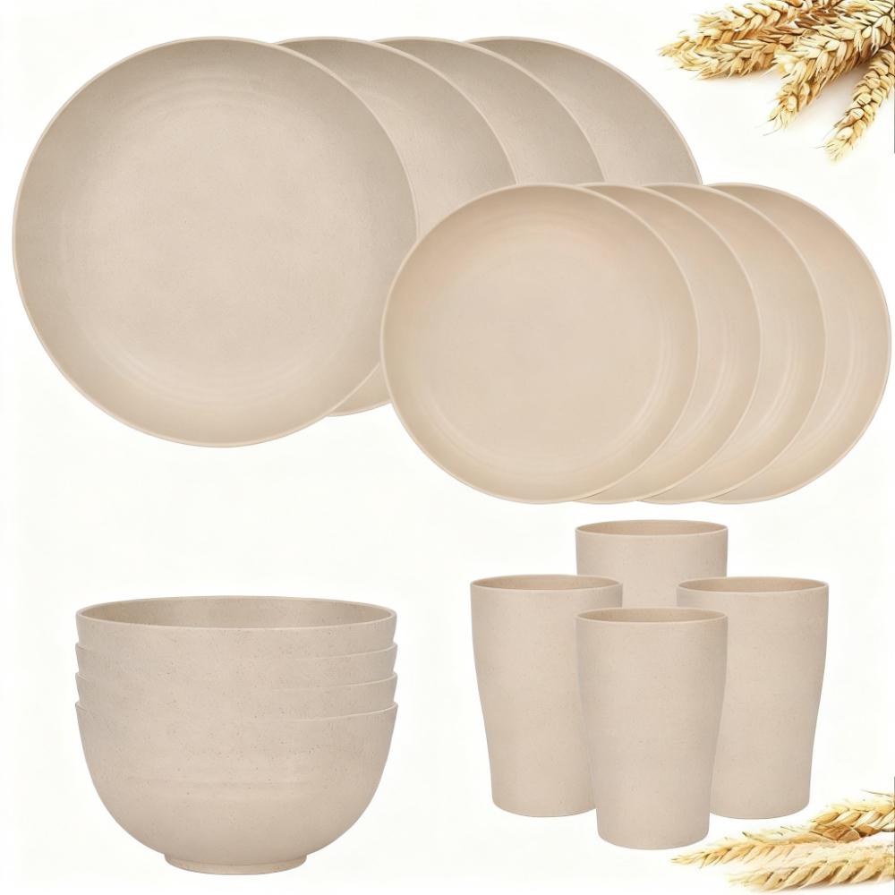 16 Piece Bowls Plates Cups Set Unbreakable Lightweight Dinnerware Set Dishwasher Microwave Safe for Outdoor Camping Home Kitchen