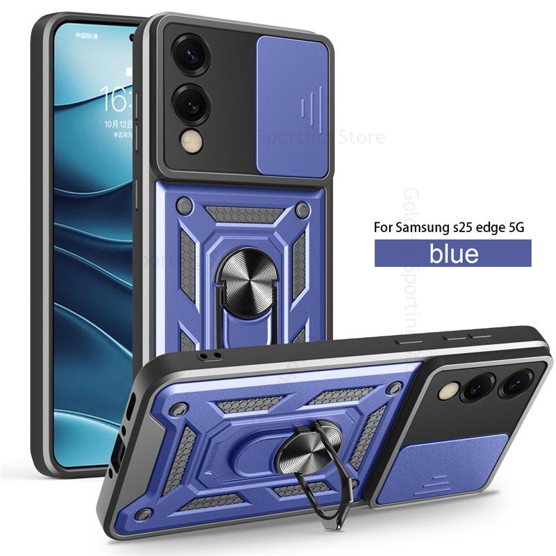 Slide Lens Cases For Samsung S25 Edge Push Window Case Lens Protector Cover For Galaxy S25 Ultra S24 S23 S20 S21 S22 Plus Ring Stand Heavy Duty Cover