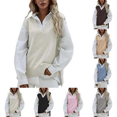 Women Knitted Vest Sleeveless V Neck Ribbed Knit Split Pullover Sweater Vest Blouse Vest Shirt