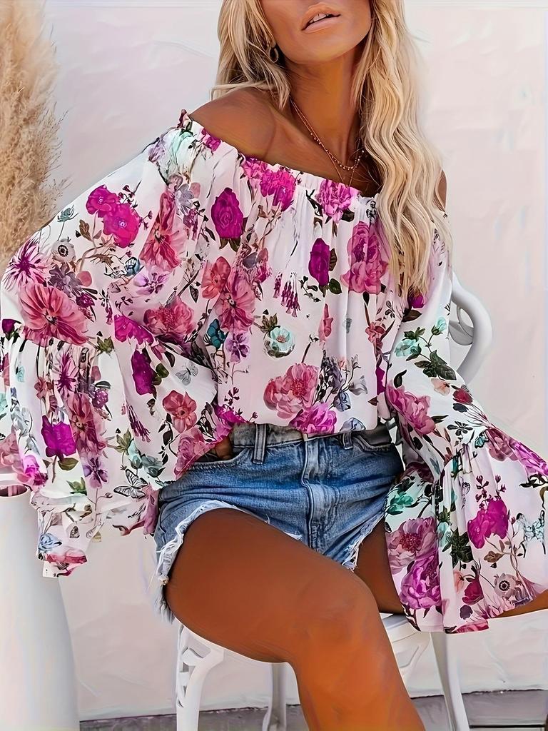 Spring/Summer Floral Off-the-Shoulder Bell Sleeve Top