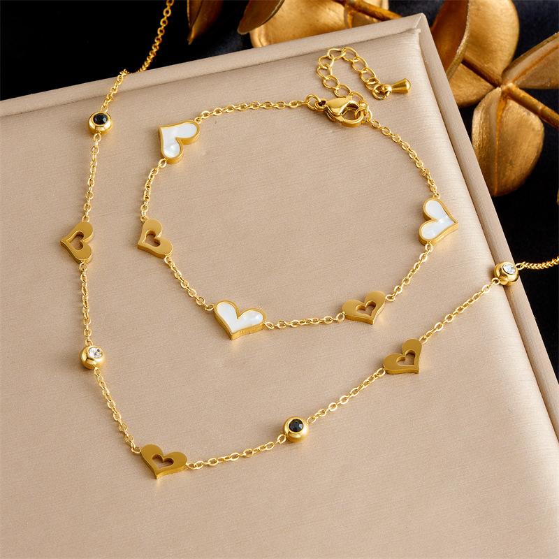 Gold Plated Mother of Pearl Heart Jewelry Set, Stainless Steel CZ Beaded Necklace Bracelet Set, Waterproof Dainty Jewelry for Women Gift