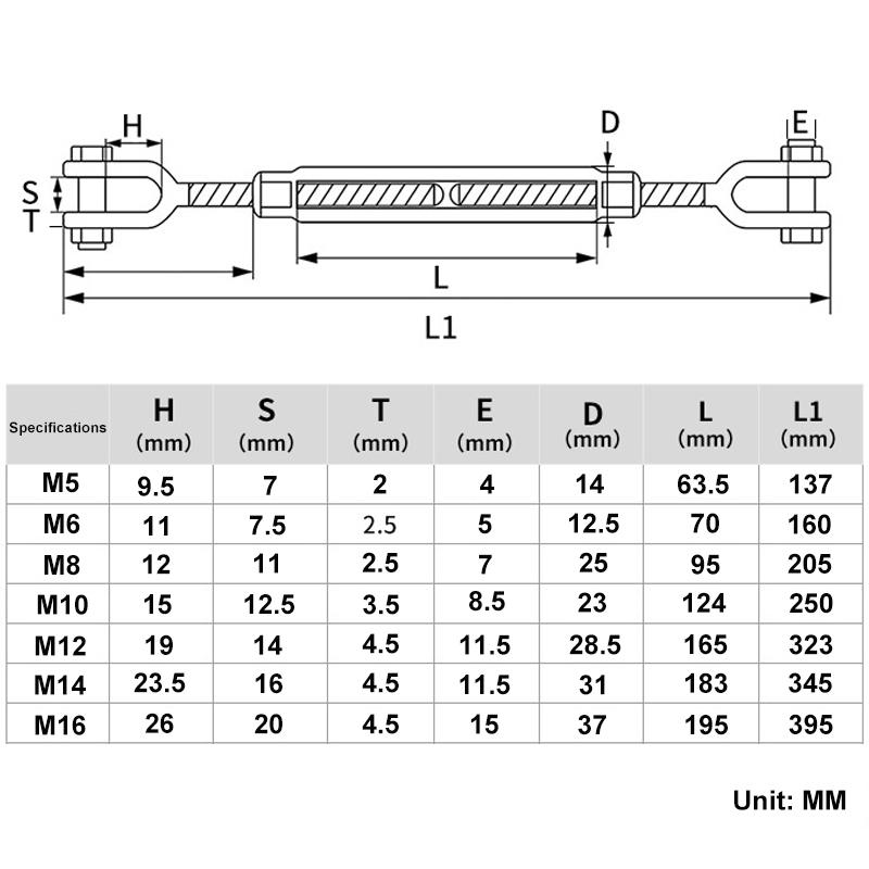 2Pcs 304 Stainless Steel Jaw and Jaw Turnbuckles M5 M6 M8 M10 M12 M14 M16 for Tensioning Cable Rope Chain