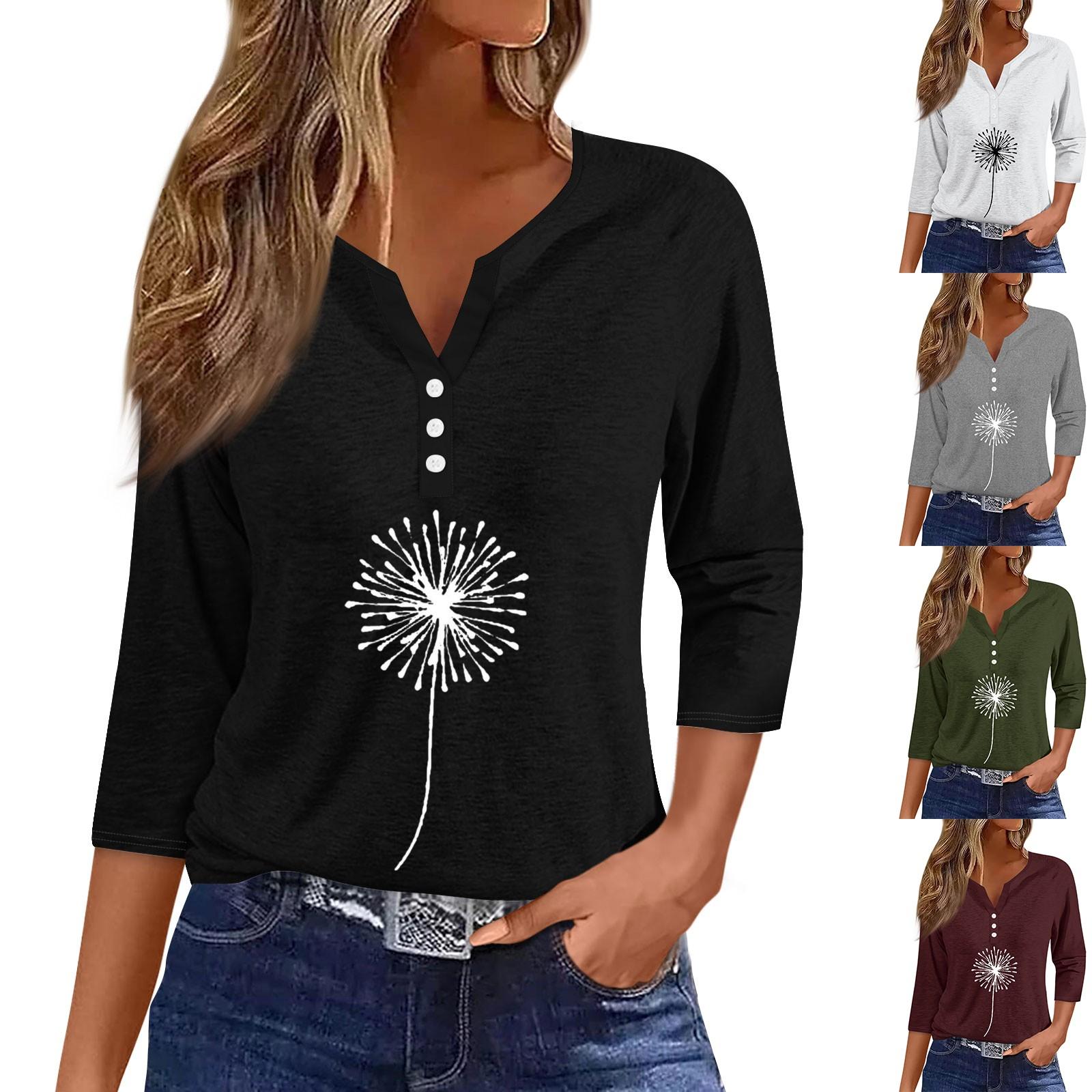 

Women s T Shirt Tee Print Button 3/4 SleeveDaily Weekend Fashion Basic V- Neck Regular Top S чорний