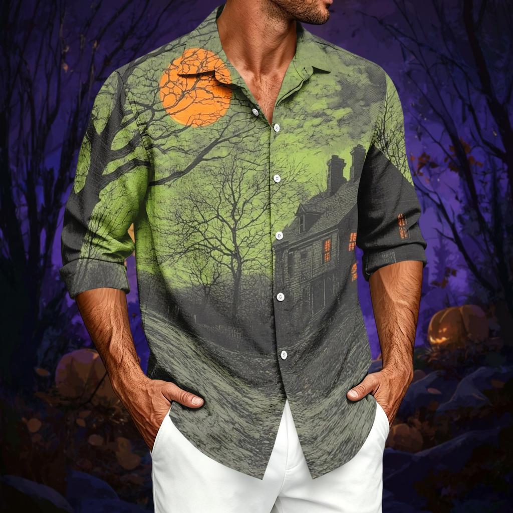 Men's Casual Long-Sleeve Shirt with Halloween Print for Spring ,Summer and Fall