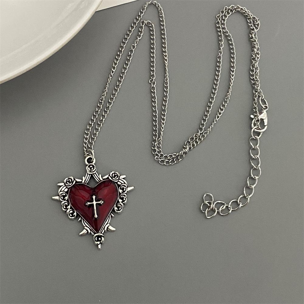 Punk Rock Red Black Heart Pendant Chain Necklace For Men Women Cool Hip Hop Street Vintage Goth Accessories Trendy Jewelry