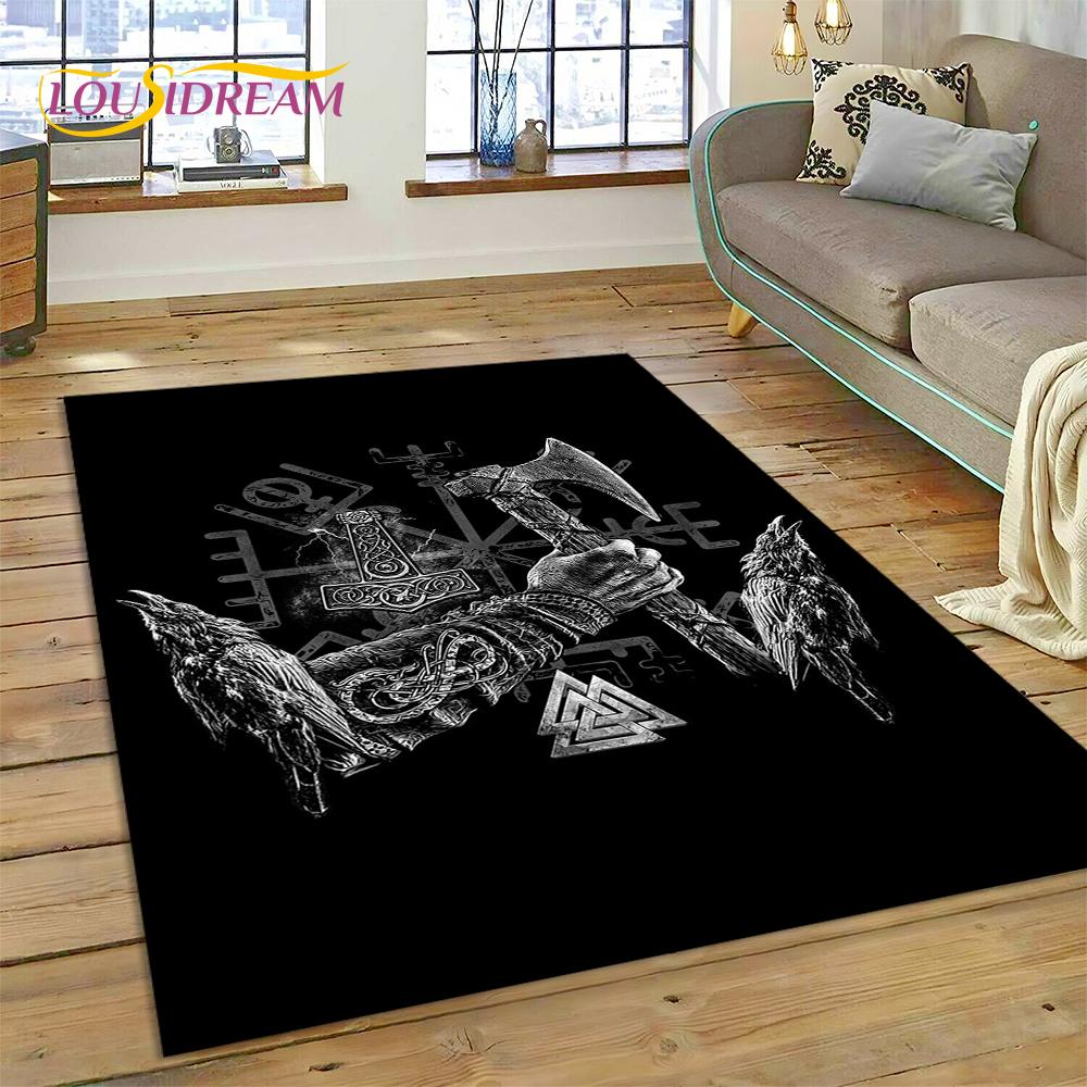 Teppich mit nordischer Mythologie, Valhalla, Wikinger, Odin, Cartoon-Motiv, groß, Teppich für Wohnzimmer, Schlafzimmer, Sofa, Fußmatte, Spielbodenmatte für Kinder