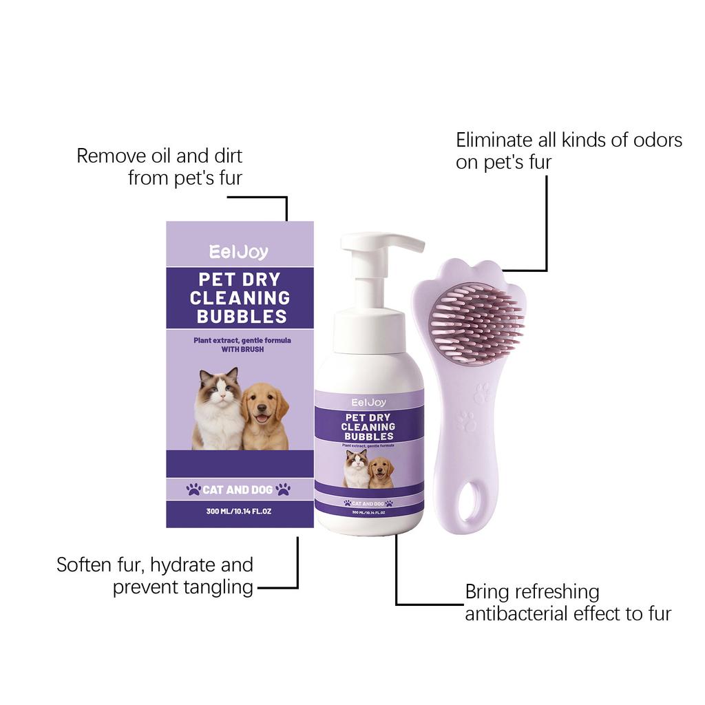 EELJOY pet no-wash shampoo with brush, general purpose for cats and dogs, cleans and odor-free hair, smoothes, refreshes, protects and dries easily