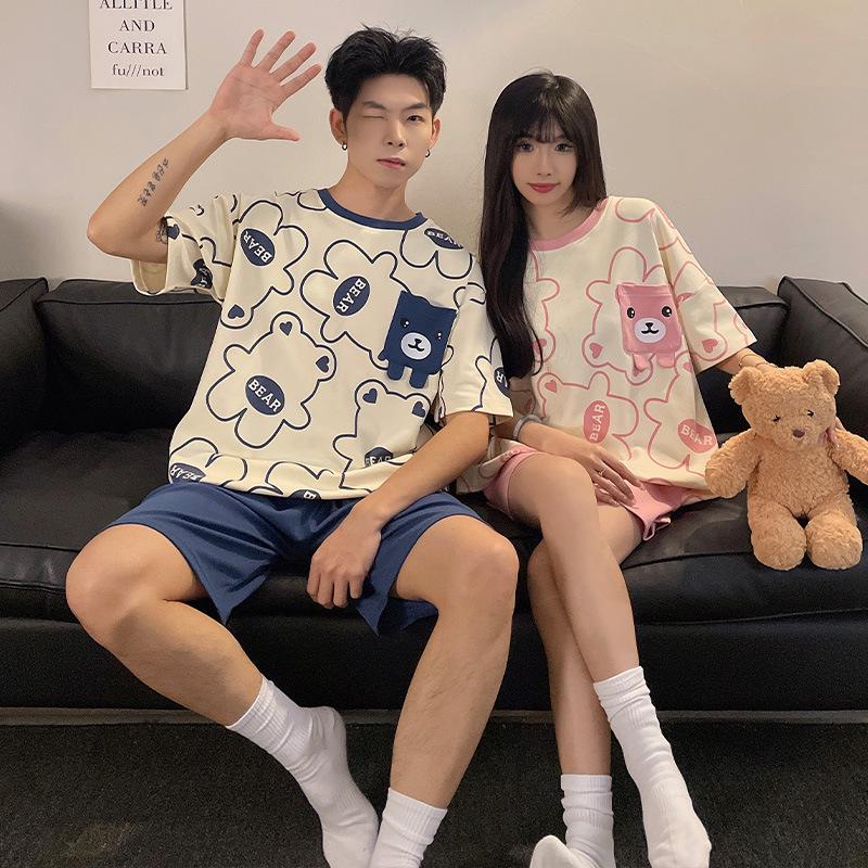 Cute Cartoon Cotton Pajama Set for Couples - Short-Sleeved & Lightweight