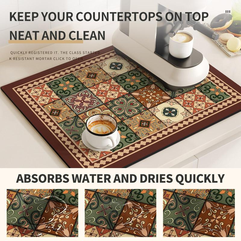 Coffee Maker Mat Retro Dish Drying Mats for Kitchen Non-slip Draining Pad Quick Dry Tableware Placemat Dinnerware Washable