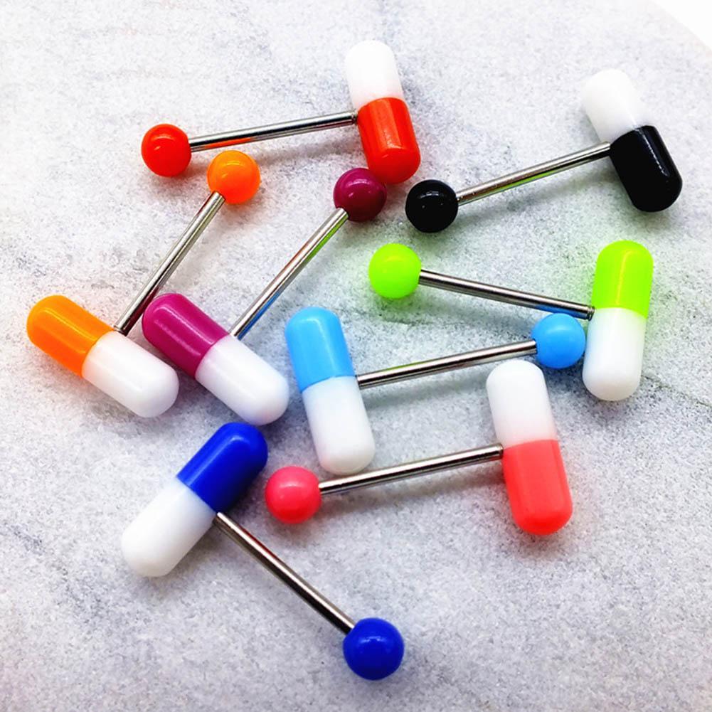 10pcs/lot Colorful Capsule Tongue Rings Acrylic Pill Style Steel Punk Body Piercing Jewelry Hypoallergenic Anti-Rust Comfortable