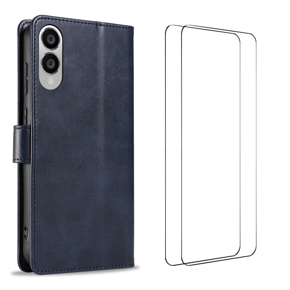 

For Samsung Galaxy S25 Edge Case with 2Pcs Tempered Glass WANLONFENG WN Series Calf Texture Leather Phone Cover Big Cutouts Sapphire