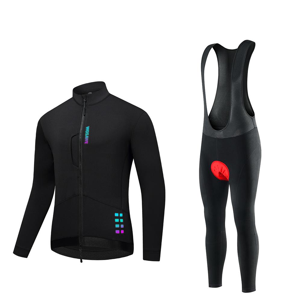 WOSAWE Jesień Zima Tkanina Mikro-stretch Ciepła Kurtka Męska Wyściełana Gąbką Mała Siateczka Oddychające Spodnie na Szelkach Kombinezon Rowerowy