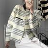 Autumn new imitation double-sided tweed crew neck cardigan striped cardigan women's knitted sweater celebrity coat