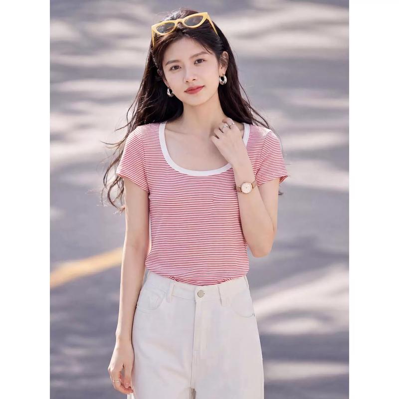 Basic House Women's Striped Cotton U-Neck T-Shirt