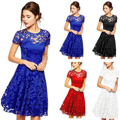 Women Summer Dress See-through Hollow Out Lace Short Sleeves Big Hem Dress-up Round Neck A-line Plus Size Prom Dress Women Clothes