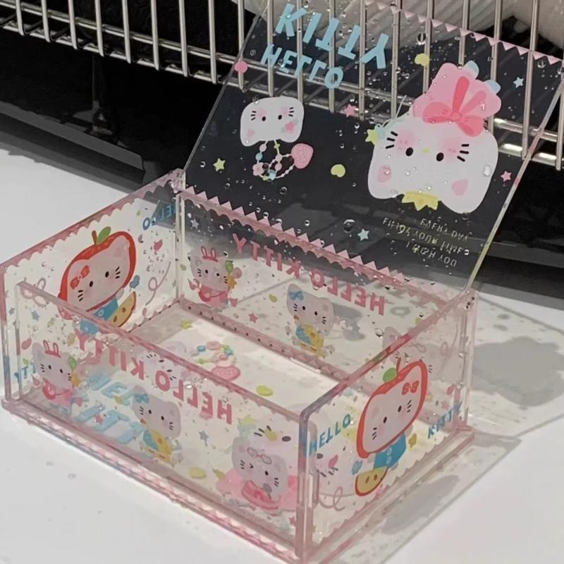 Hello Kitty Storage Box Cute Acrylic Flip Desktop Storage Box Dust-Proof Ornaments Removable Home Decora