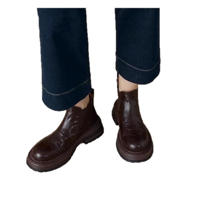 Pravá měkká kůže platforma britský styl chell boty krátké boty dámské 2025 podzim nové kulatá špička krátké boty martinky dámský trend