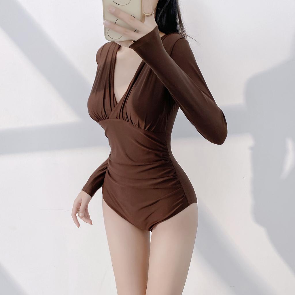 ins style swimsuit sexy deep V cover belly thin long sleeves conservative solid color simple one-piece swimsuit hot spring