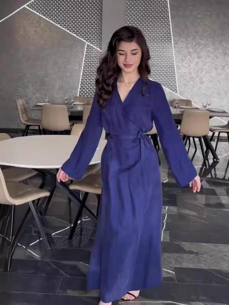 2024 Autumn Women's V-Neck Tie Waist Long Sleeve Midi Dress - Solid Color, European & American Style.