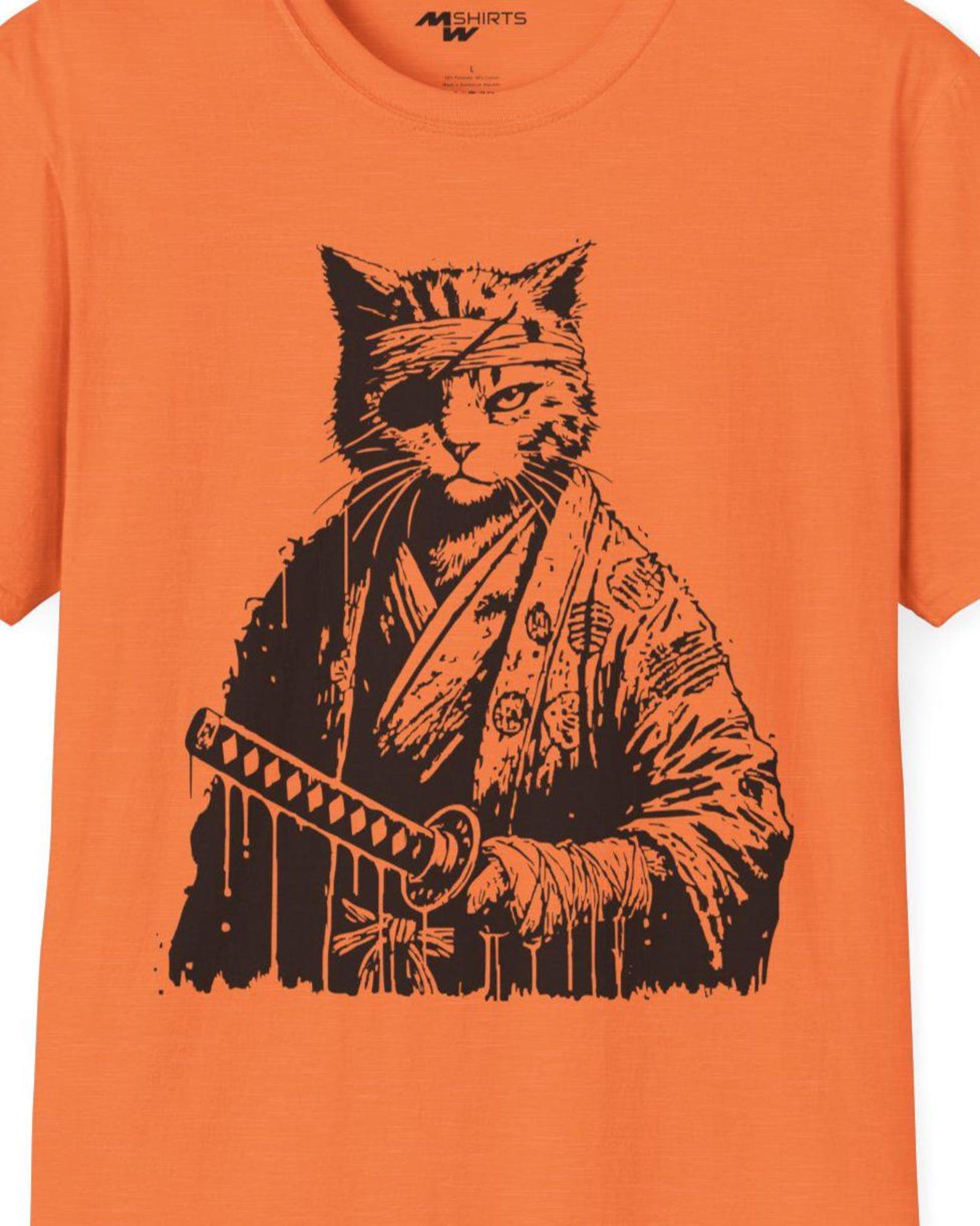 Samurai Cat T-Shirt: Funny Japanese Warrior Kitty Anime Tee L
