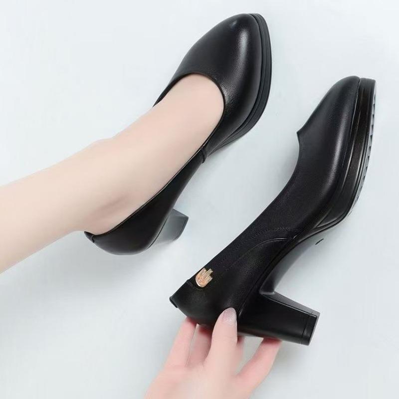 Fashion Womens High Heels 2025 Autumn New Soft Leather Soft-soled Mother Shoes Middle Heel Comfortable Breathable Non-slip Work Shoes